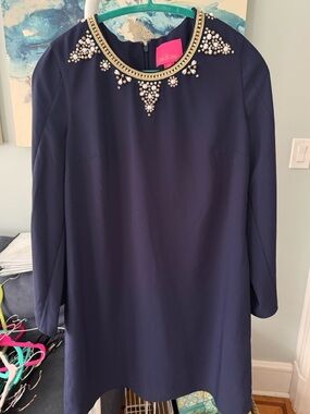 Lilly Pulitzer Navy Long Sleeve Shift Dress with Jeweled Collar Accents